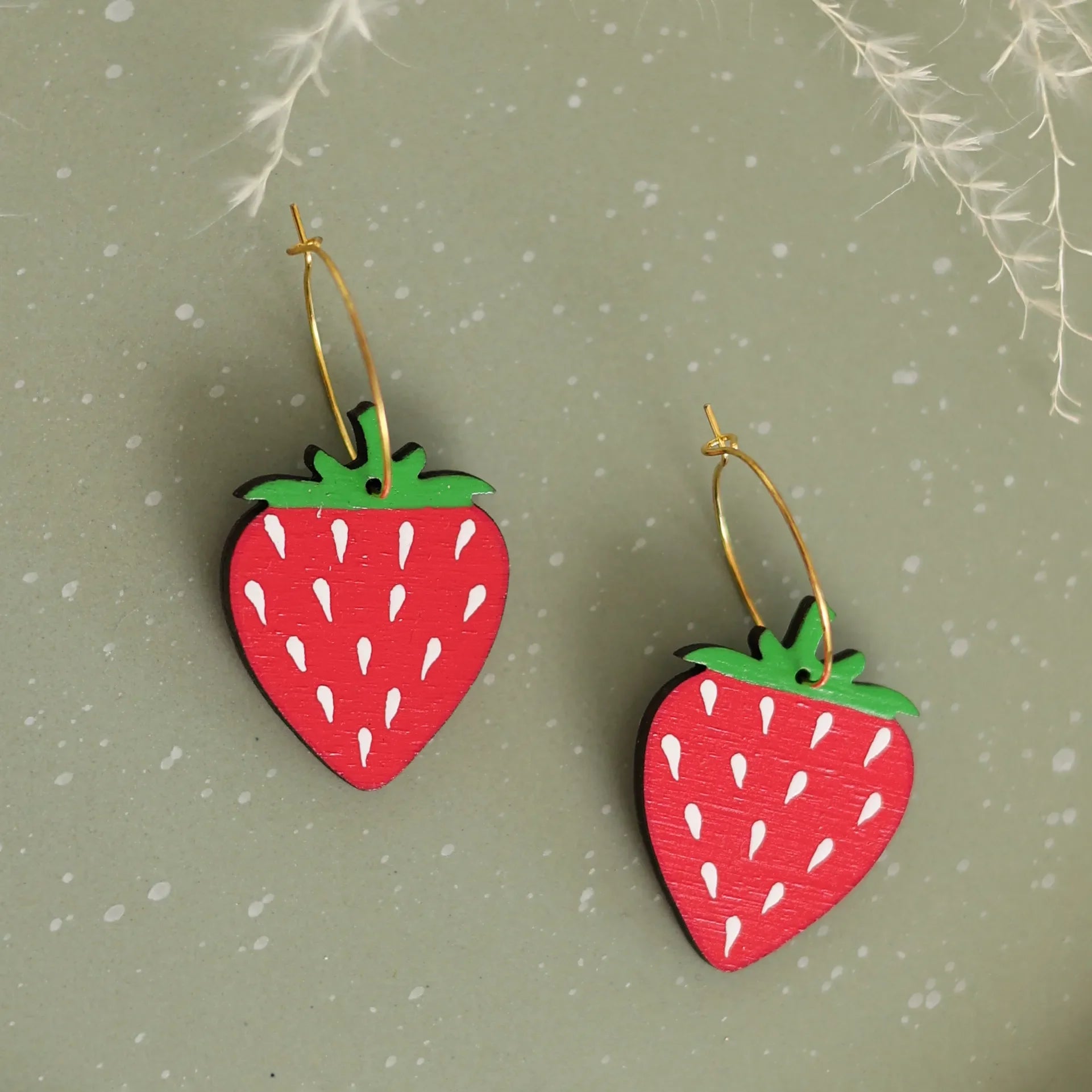 Strawberry Hoop Earrings hand painted on lightweight wood by LE CHIC MIAMI