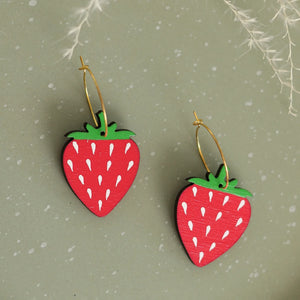 Strawberry Hoop Earrings hand painted on lightweight wood by LE CHIC MIAMI