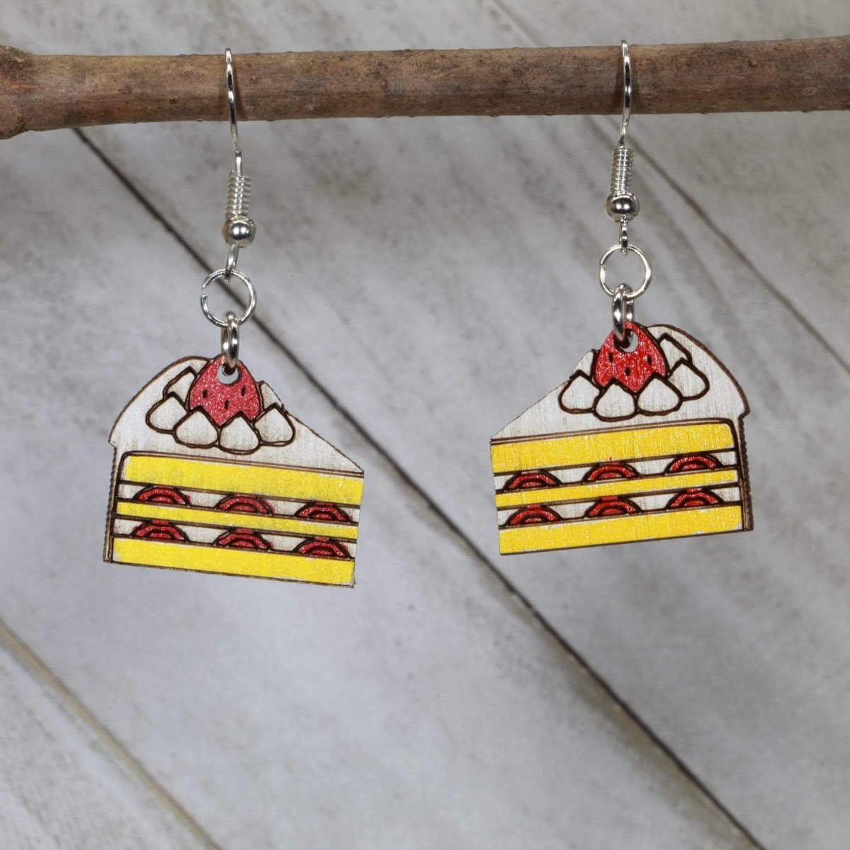 Strawberry Shortcake Wooden Earrings | Dessert Food Jewelry