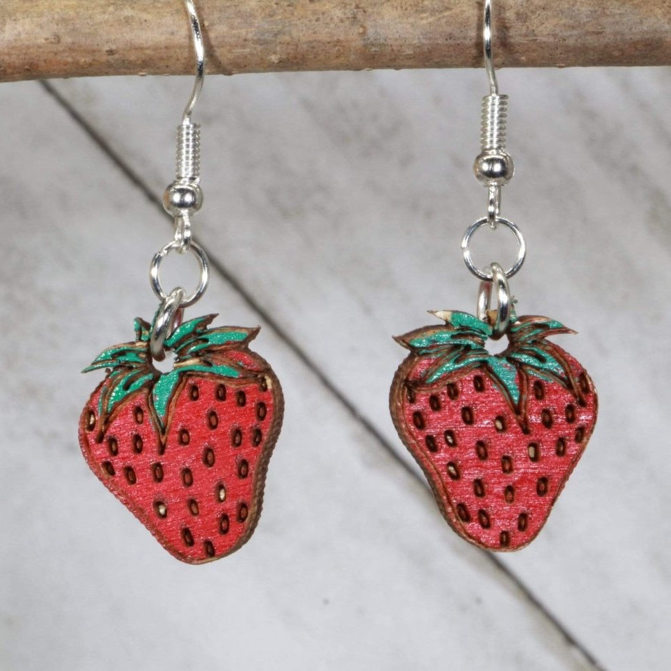 Strawberry Wooden Dangle Earrings | Fruit Jewelry by Cate's Concepts, LLC, handmade jewelry main product photo