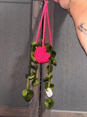 Handmade Strings of Hearts Crocheted Hanging Plant - Pink Pot, Green Vines, Decorative Home Decor