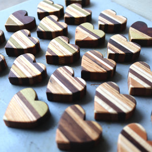 Striped wooden hearts made from reclaimed wood scraps