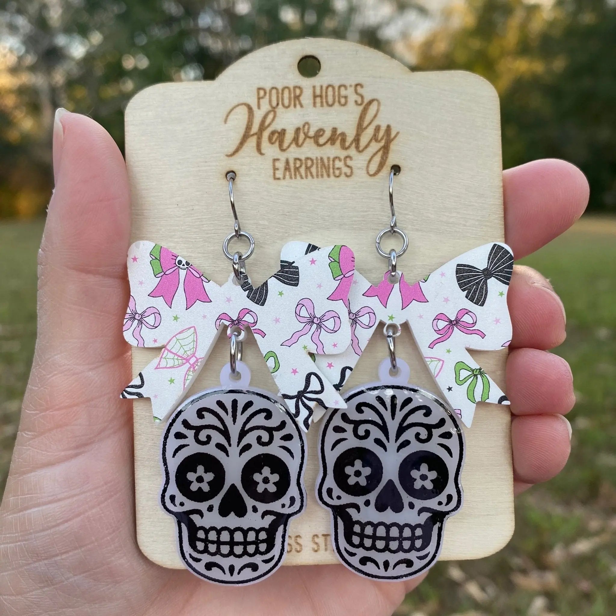 Sugar Skull with Festive Bow Acrylic Dangle Earrings for Halloween Poor Hog Customs