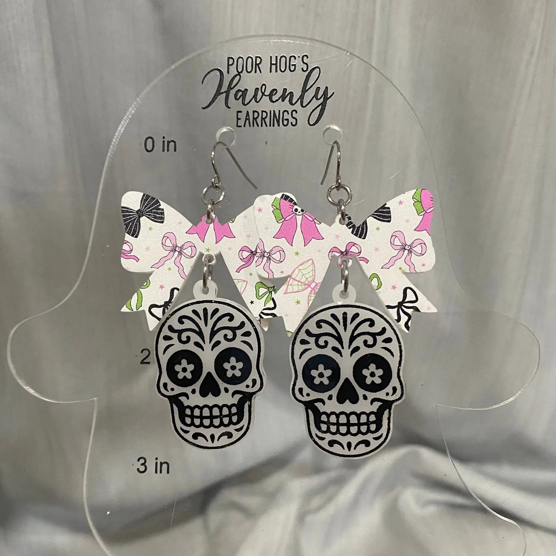 Sugar Skull Bow Halloween Earrings by Poor Hog Customs, handmade jewelry detail photo 7