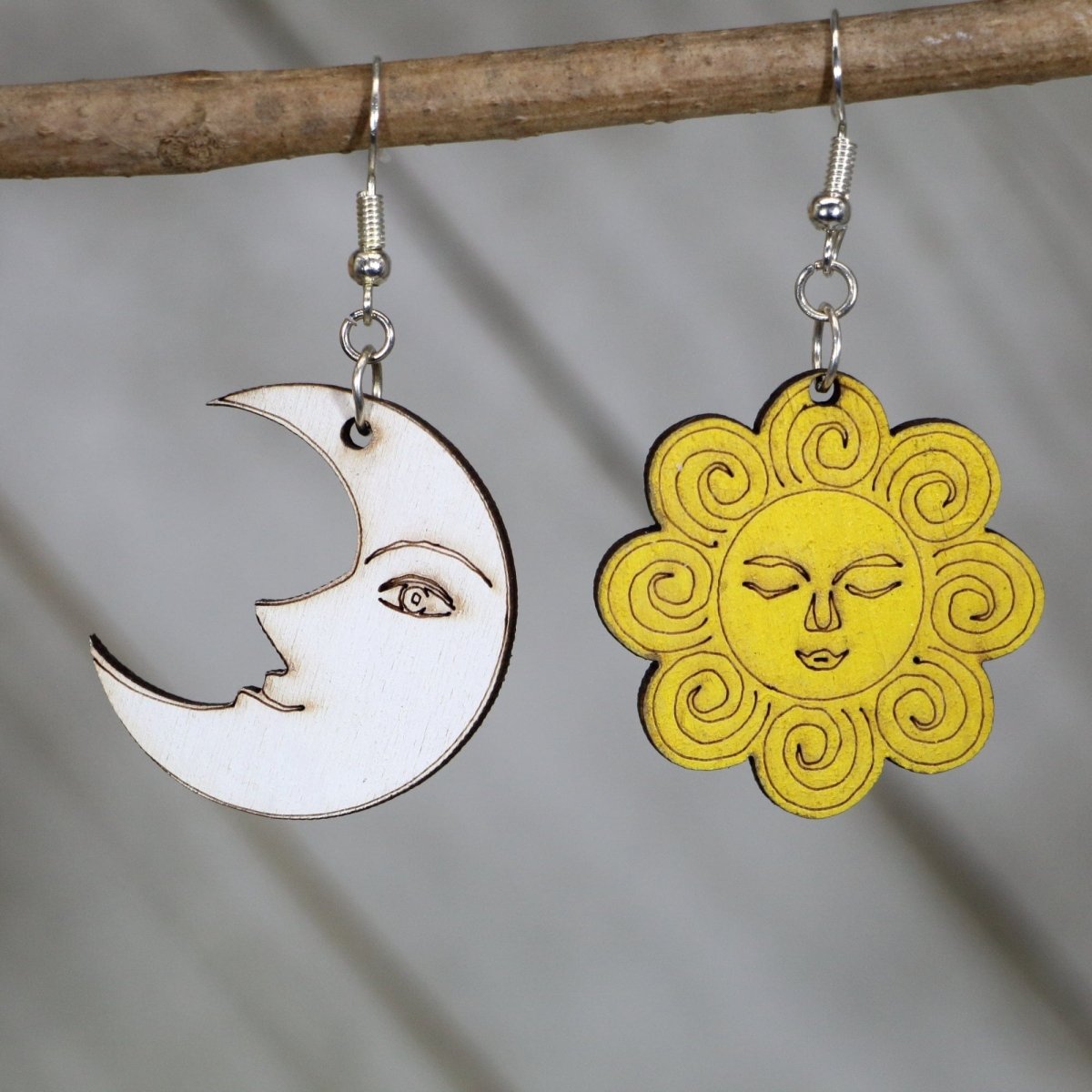 Sun and Moon Wooden Earrings | Celestial Smiley Face Jewelry