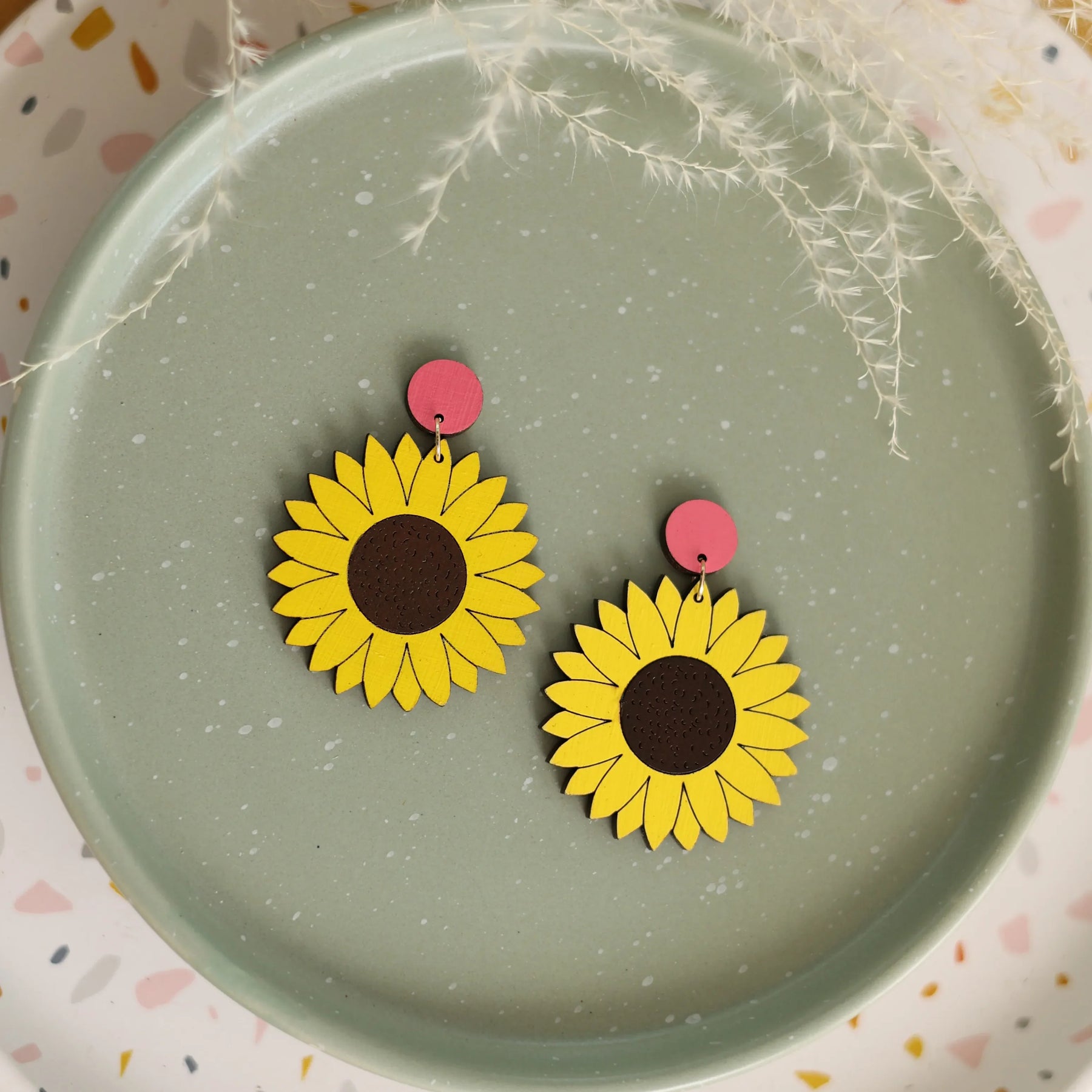 Additional view of Sunflower Dangle Earrings hand painted on lightweight wood by LE CHIC MIAMI