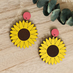 Sunflower Dangle Earrings hand painted on lightweight wood by LE CHIC MIAMI