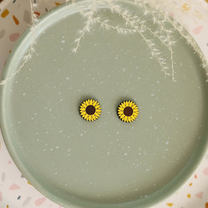 Additional view of Sunflower Stud Earrings hand painted on lightweight wood by LE CHIC MIAMI