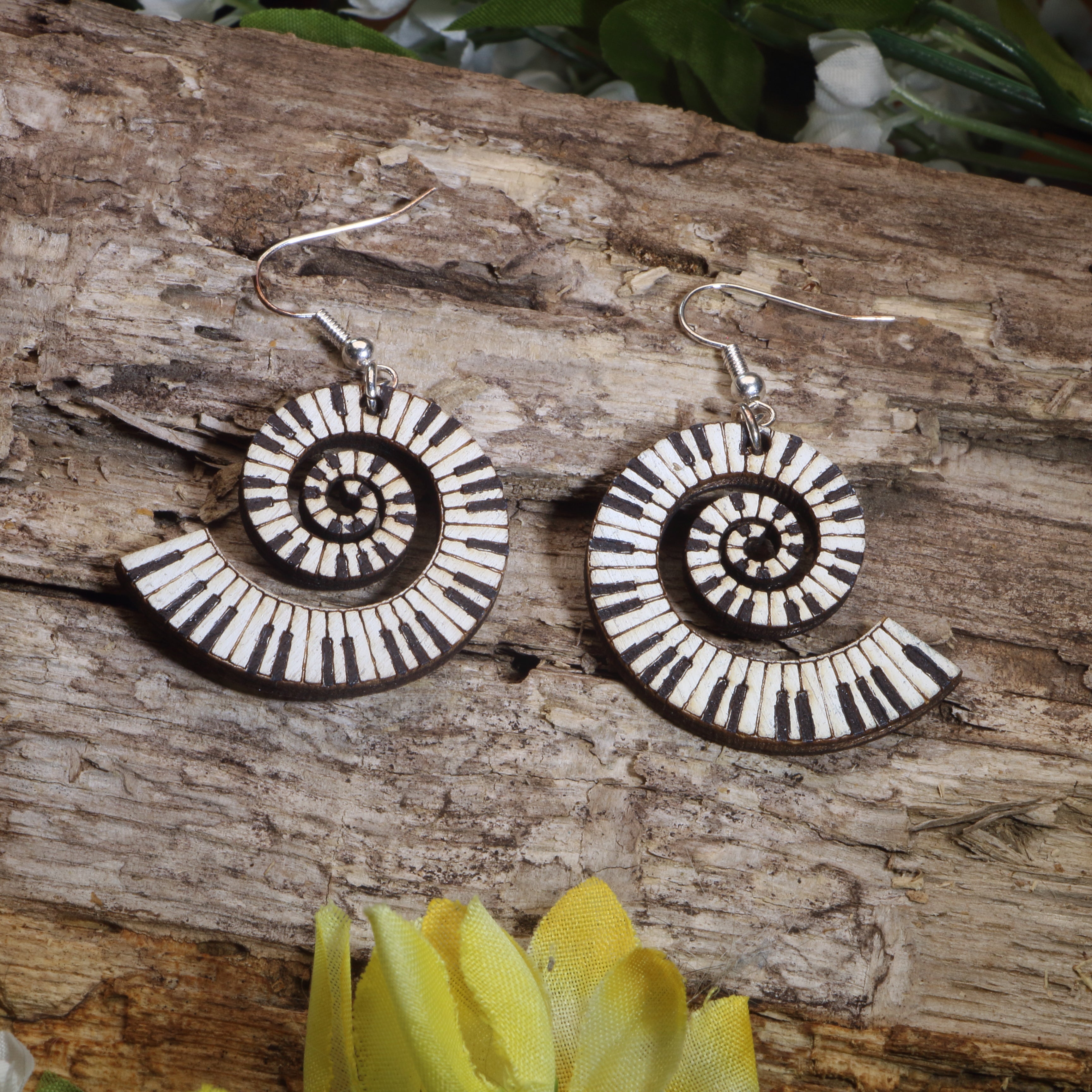 Swirl Piano Keyboard Wooden Dangle Earrings | Music Jewelry