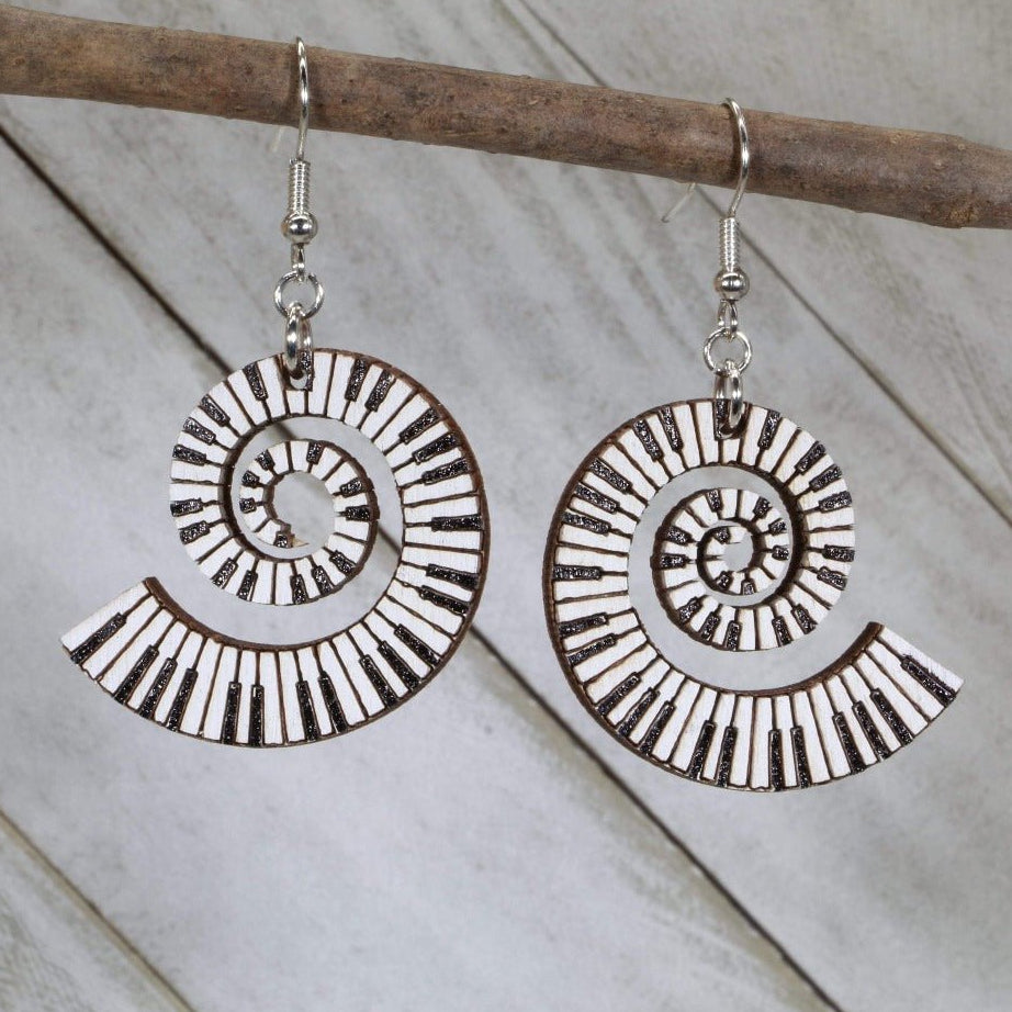 Swirl Piano Keyboard Wooden Dangle Earrings | Music Jewelry
