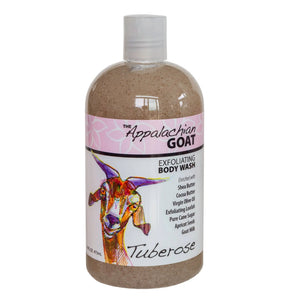 Tuberose Exfoliating Body Wash 16 oz bottle with goat illustration.