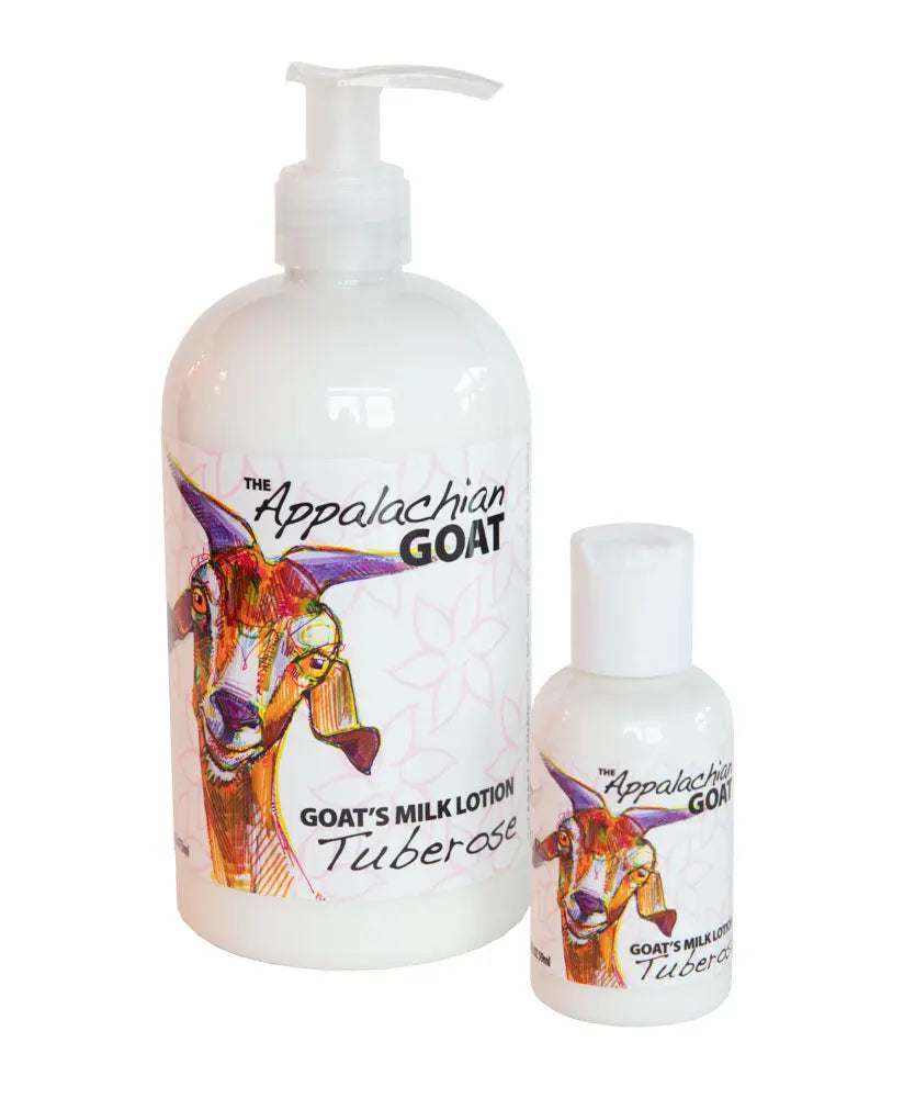 Two bottles of The Appalachian Goat Tuberose Goat's Milk Lotion with floral graphics.