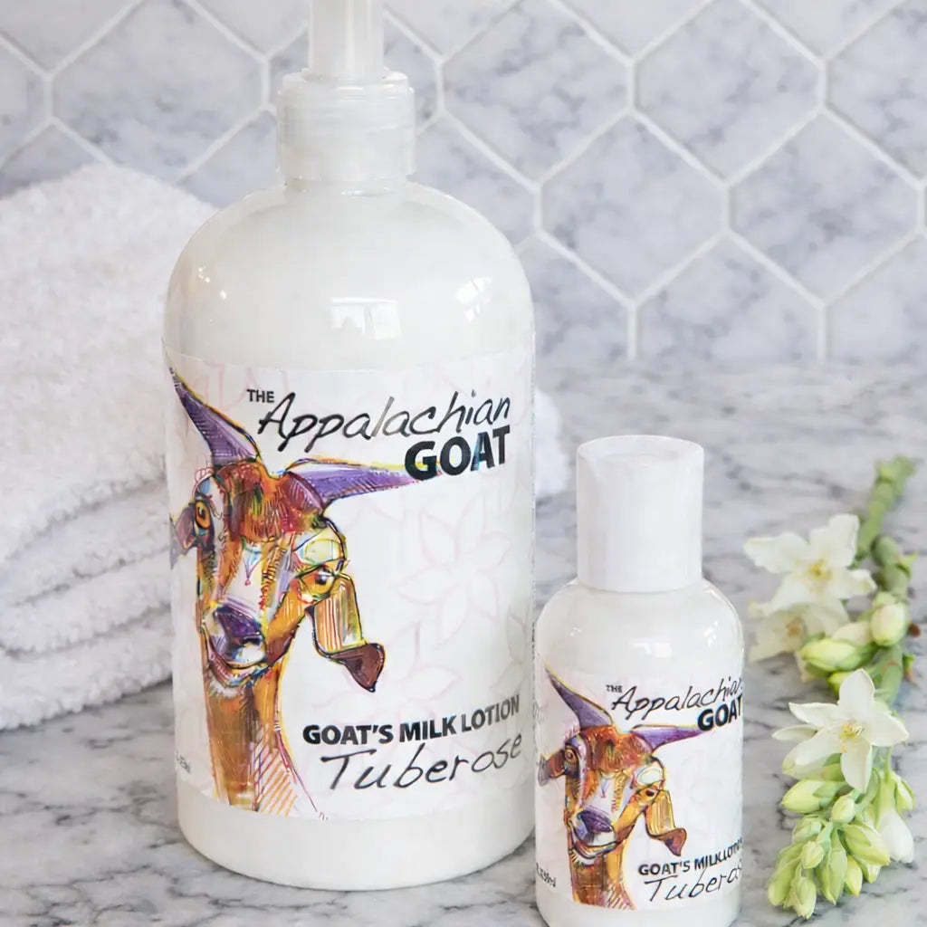 The Appalachian Goat Tuberose Goat's Milk Lotion in large and small bottles.
