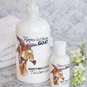 The Appalachian Goat Tuberose Goat's Milk Lotion in large and small bottles.