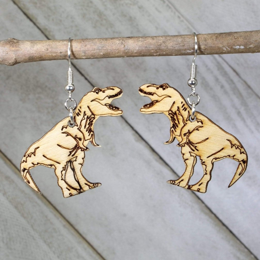 T Rex Dinosaur Wooden Dangle Earrings | Prehistoric Jewelry by Cate's Concepts, LLC, handmade jewelry main product photo