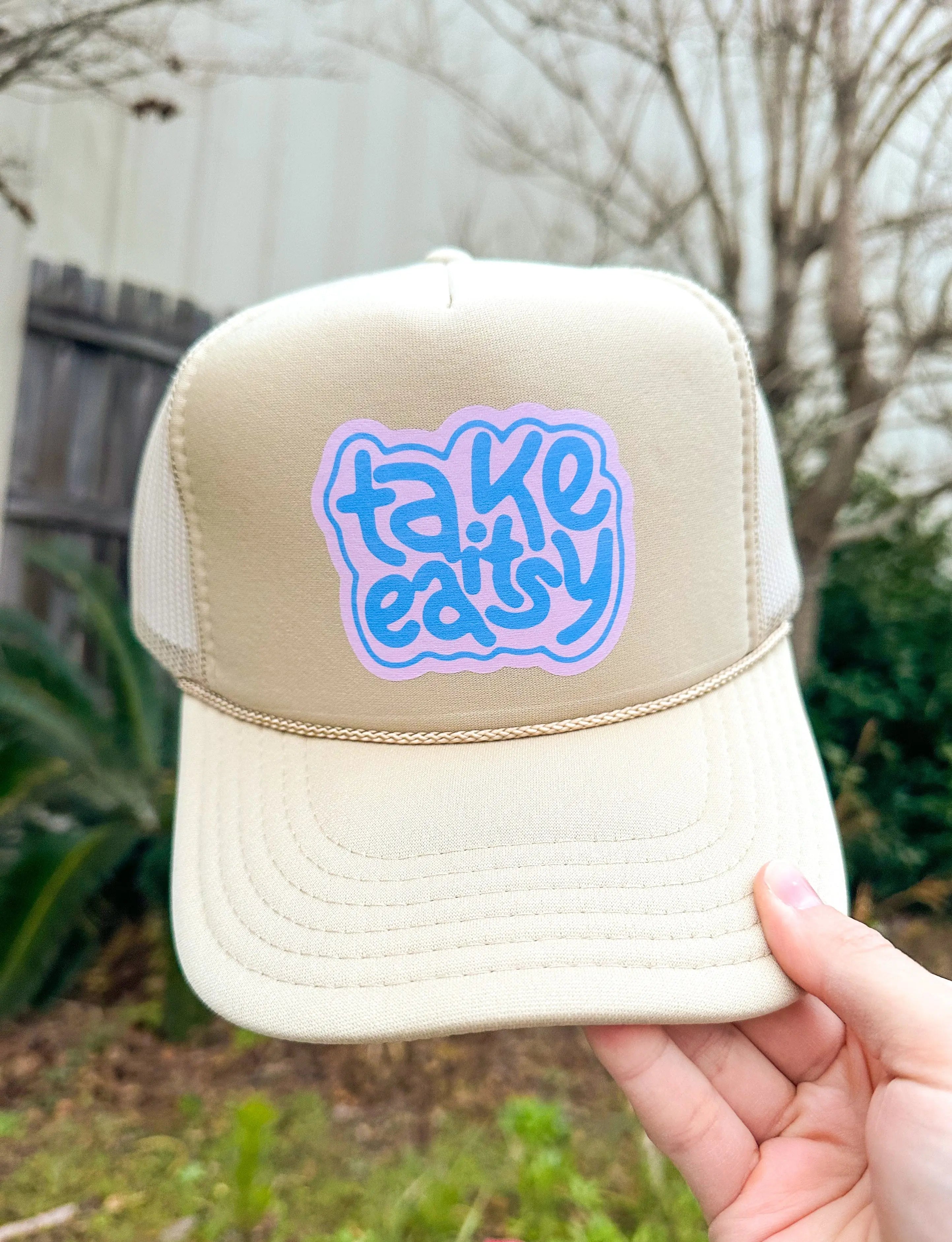 Take It Easy Khaki Trucker by Southern Bliss Company, custom hat main product photo