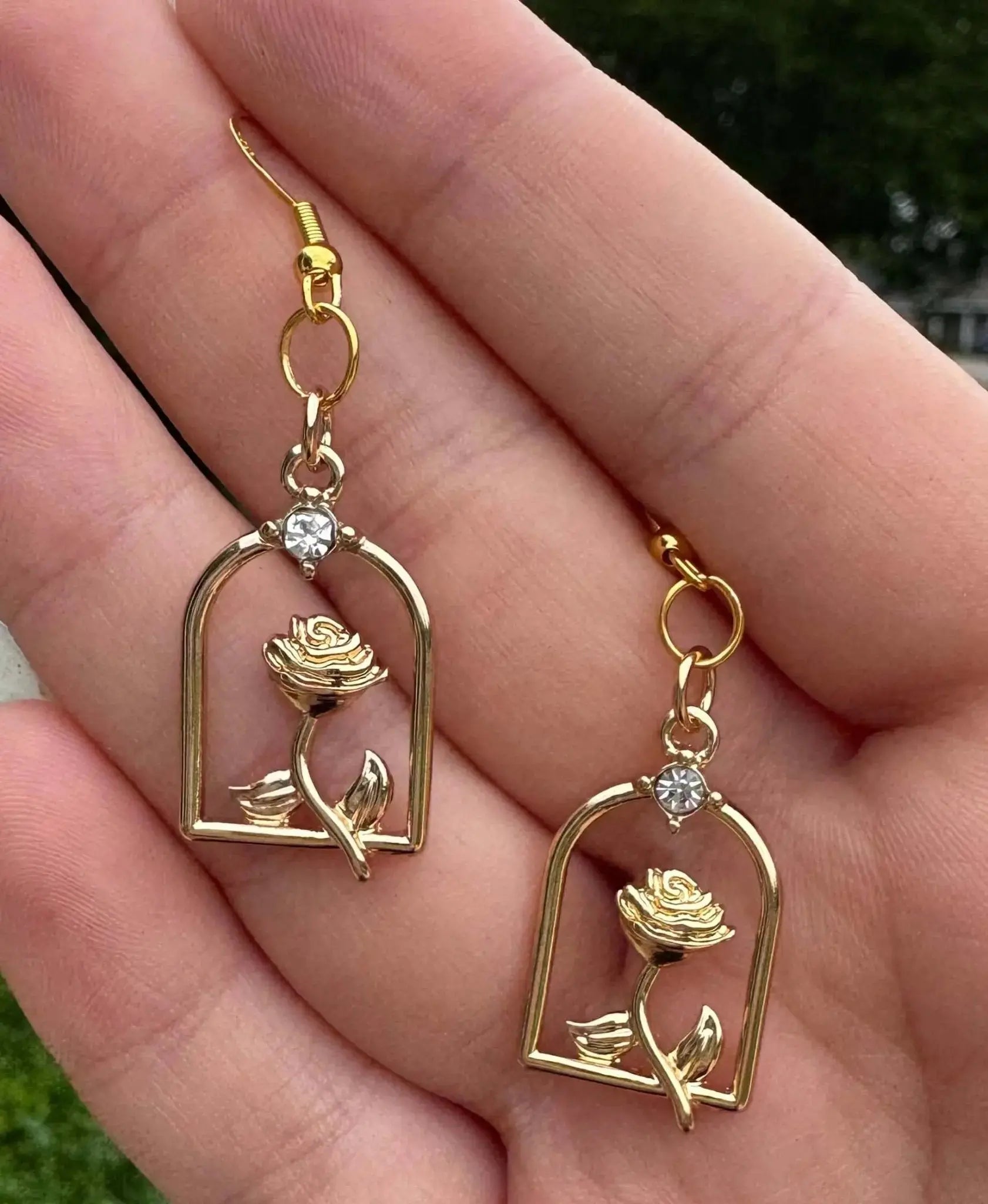 Beauty and the Beast Rose Earrings: Enchanted Gold Earrings, Handmade Tale as Old as Time Jewelry, Rose Cage, Gold