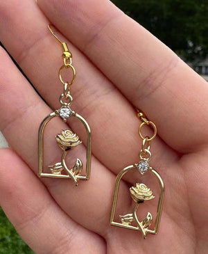 Beauty and the Beast Rose Earrings: Enchanted Gold Earrings, Handmade Tale as Old as Time Jewelry, Rose Cage, Gold
