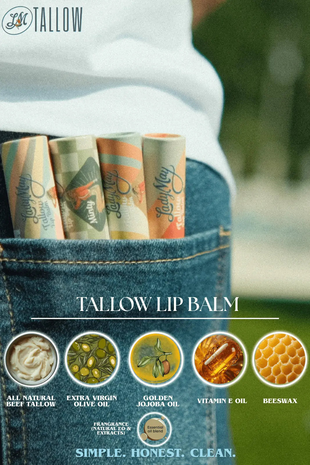 Tallow Lip Balm - CHOOSE A FLAVOR - Natural Beef Tallow Lip Moisturizer with Beeswax & Jojoba Oil The Lady May