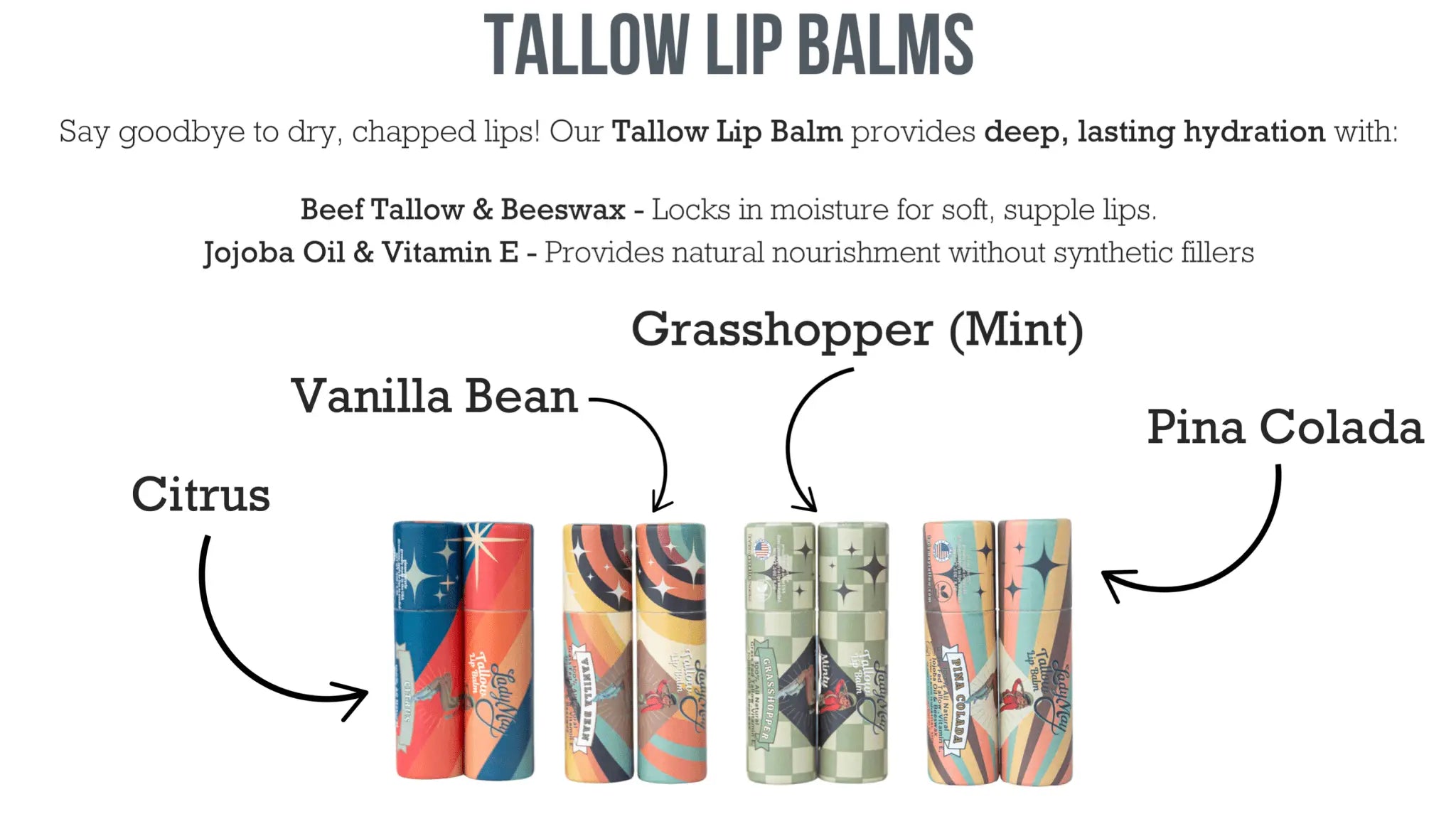 Tallow Lip Balm - CHOOSE A FLAVOR - Natural Beef Tallow Lip Moisturizer with Beeswax & Jojoba Oil The Lady May