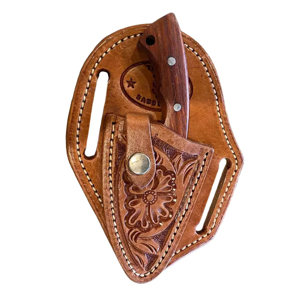 Tan Floral Knife Sheath with Knife by Texas Saddlery, leather knife sheath main product photo