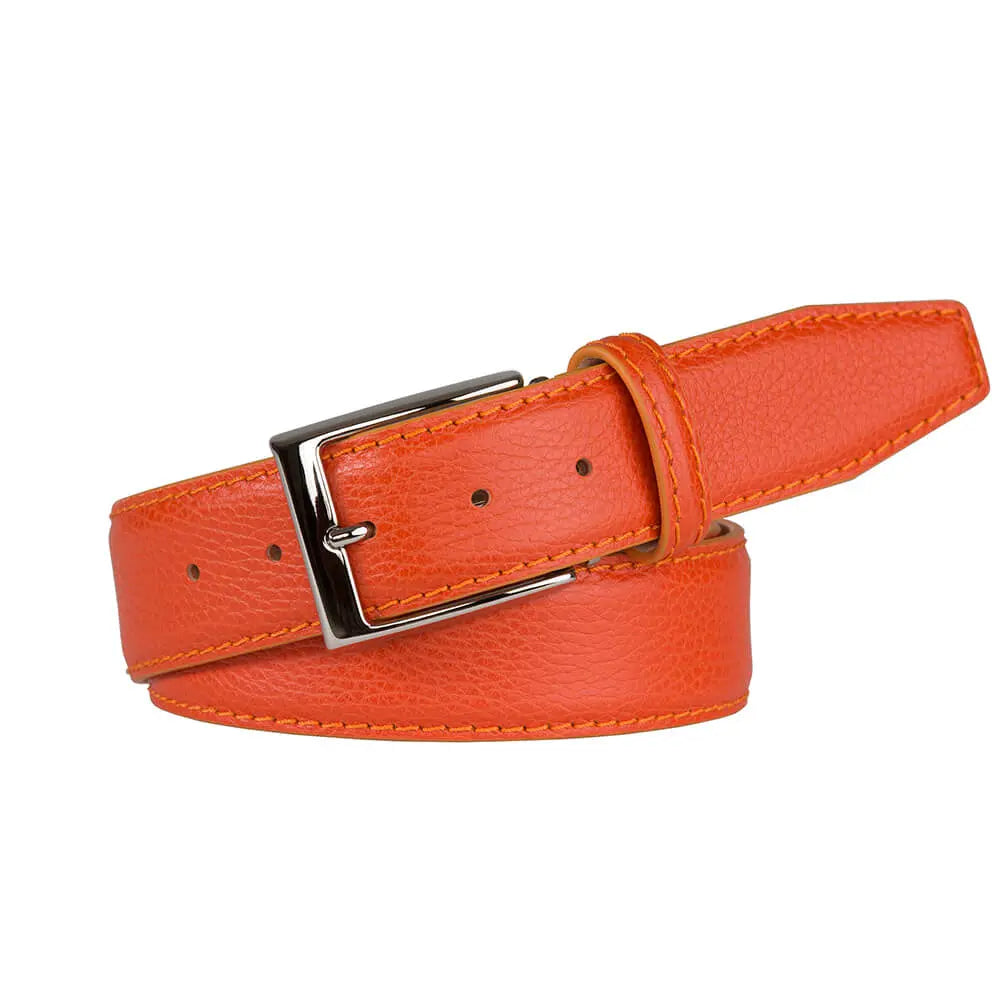 Tangerine Italian Pebble Grain Belt by Roger Ximenez: Bespoke Belts and Leather Accessories, handmade leather goods detail photo 2