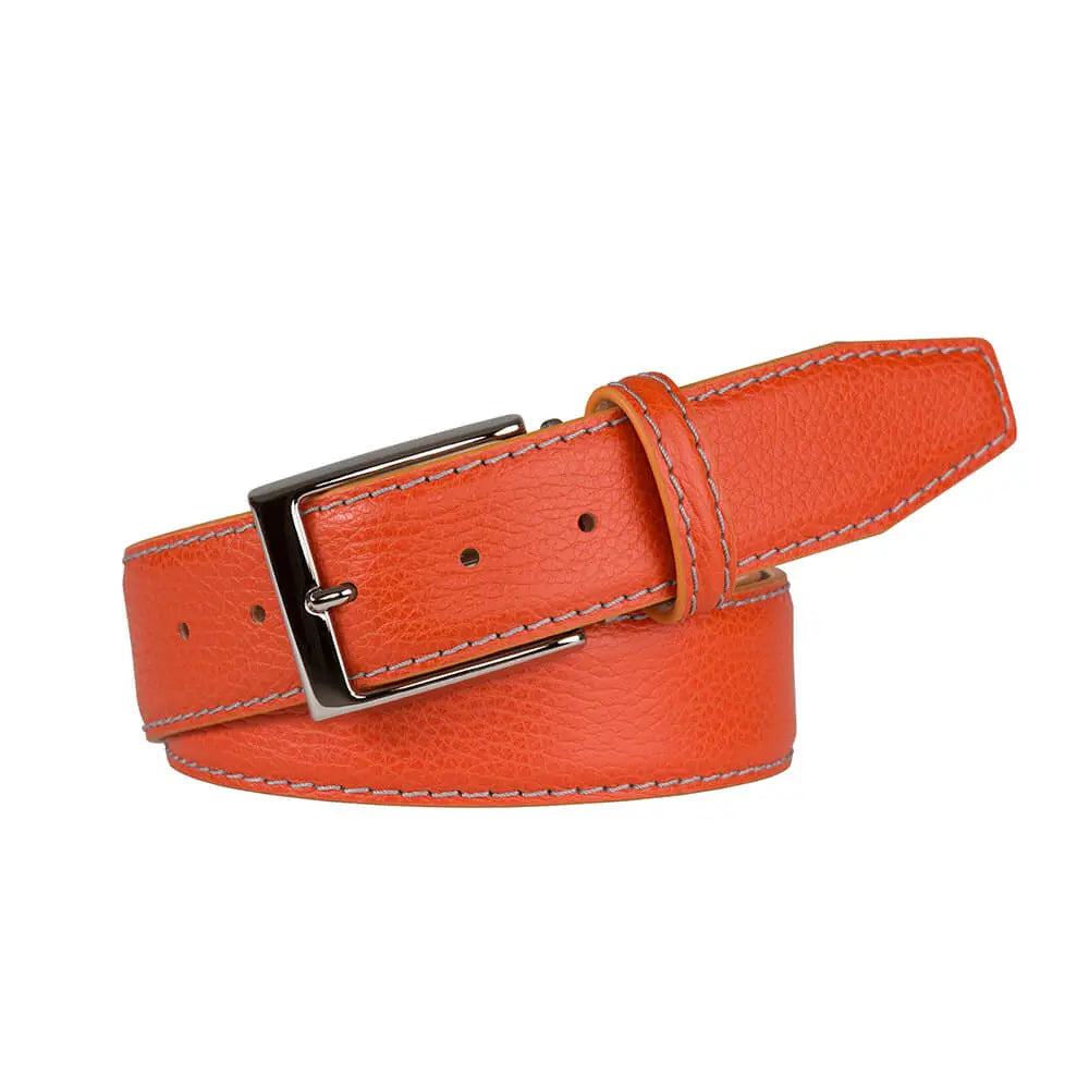 Tangerine Italian Pebble Grain Belt by Roger Ximenez: Bespoke Belts and Leather Accessories, handmade leather goods detail photo 5