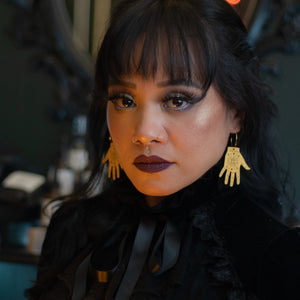 Additional view of Tarot Hand Hoop Earrings hand painted on lightweight wood by LE CHIC MIAMI