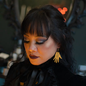 Additional view of Tarot Hand Hoop Earrings hand painted on lightweight wood by LE CHIC MIAMI