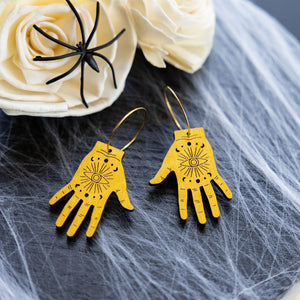 Additional view of Tarot Hand Hoop Earrings hand painted on lightweight wood by LE CHIC MIAMI