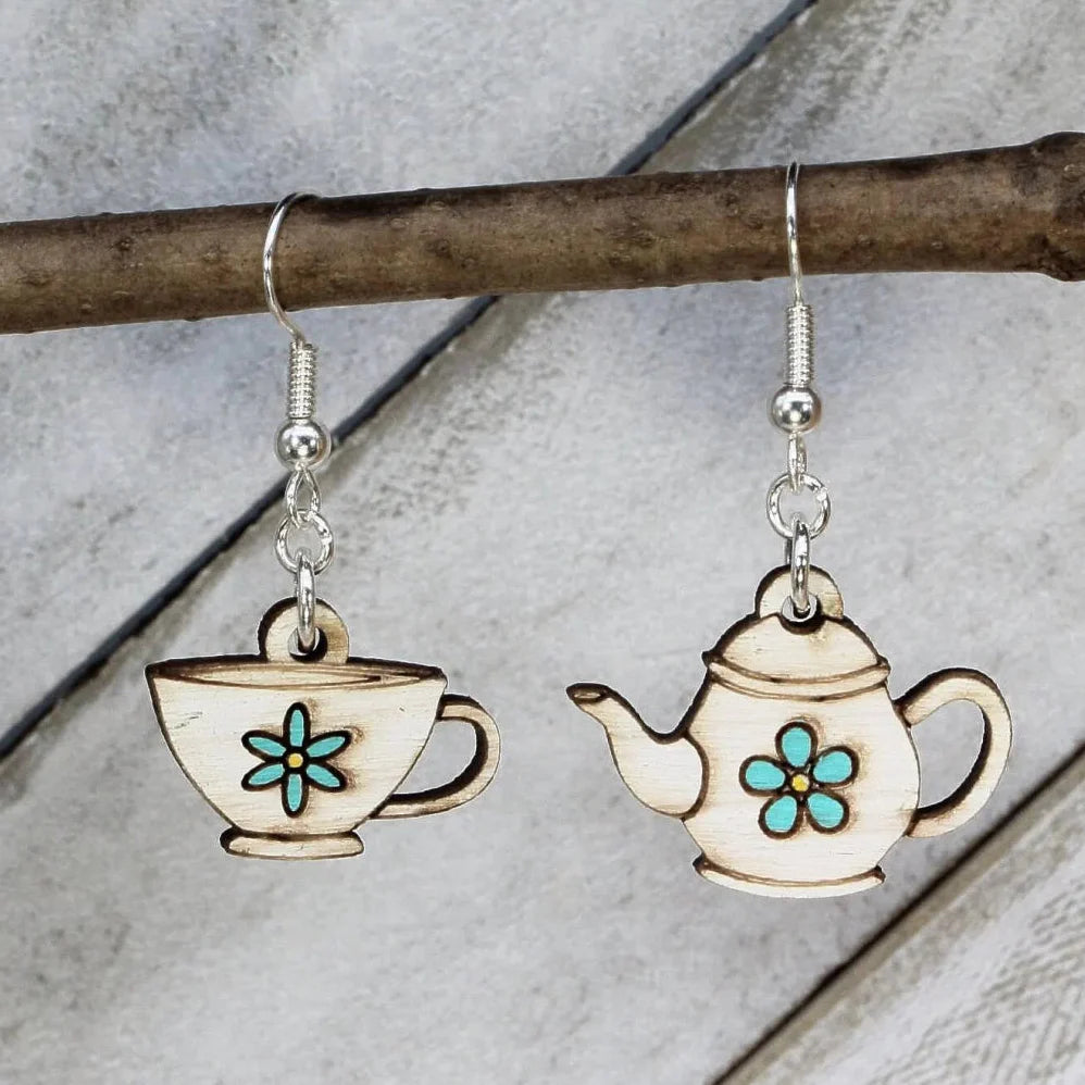 Teapot and Cup Wooden Dangle Earrings | Mismatched Tea Jewelry by Cate's Concepts, LLC, Southern food gift main product photo