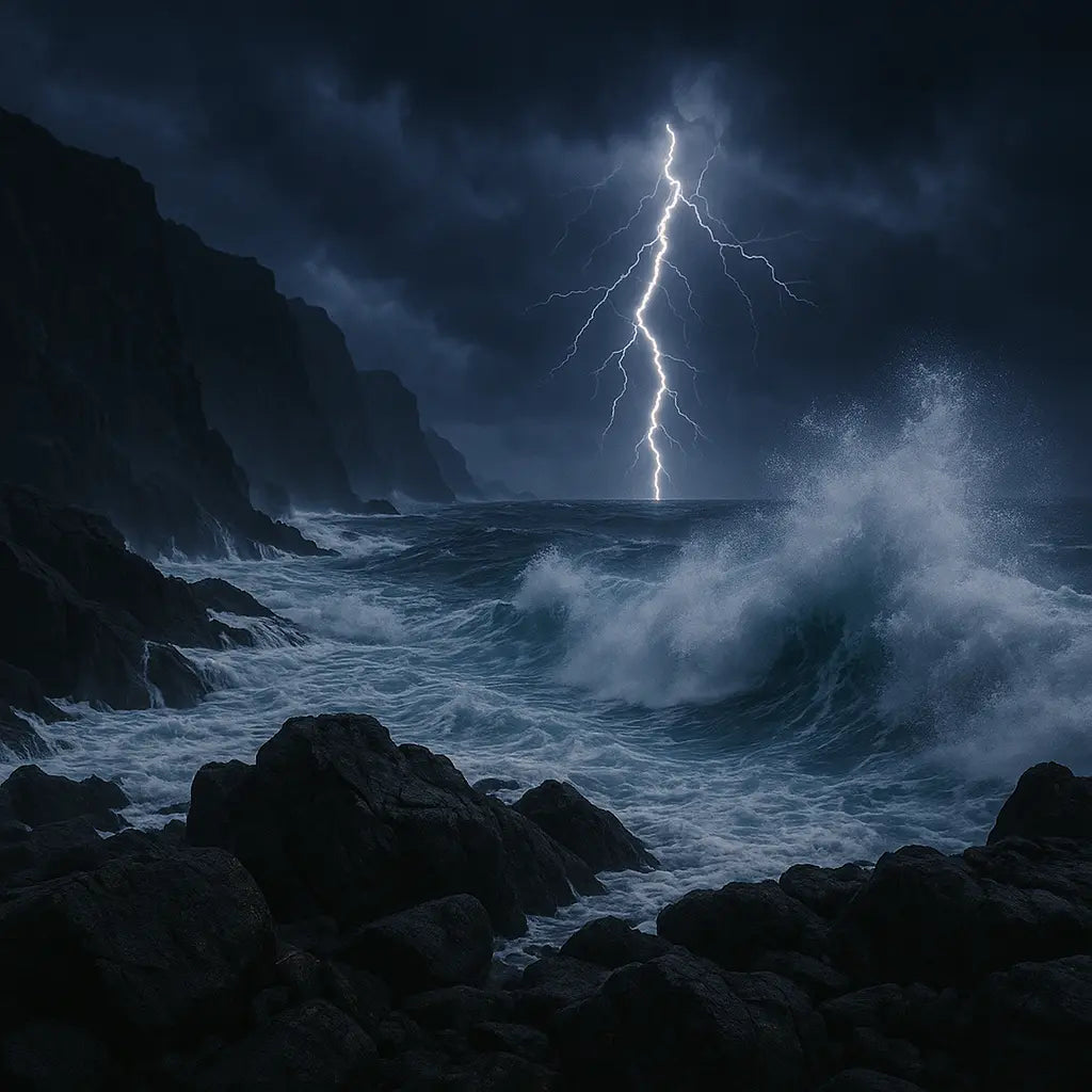 Lightning strikes over a dark ocean with large waves crashing on a rocky coast under a cloudy sky.