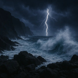 Lightning strikes over a dark ocean with large waves crashing on a rocky coast under a cloudy sky.