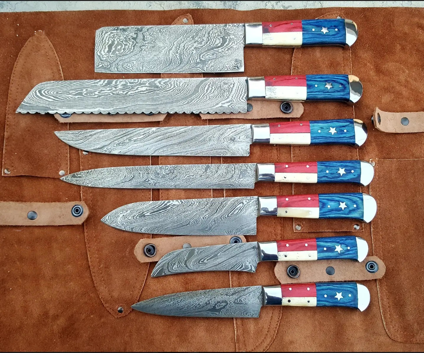 Texas Chefs 7-Piece Custom Handmade Damascus Steel Knife Set with Exotic Wood Handles & Leather Roll Damascus Knife Store