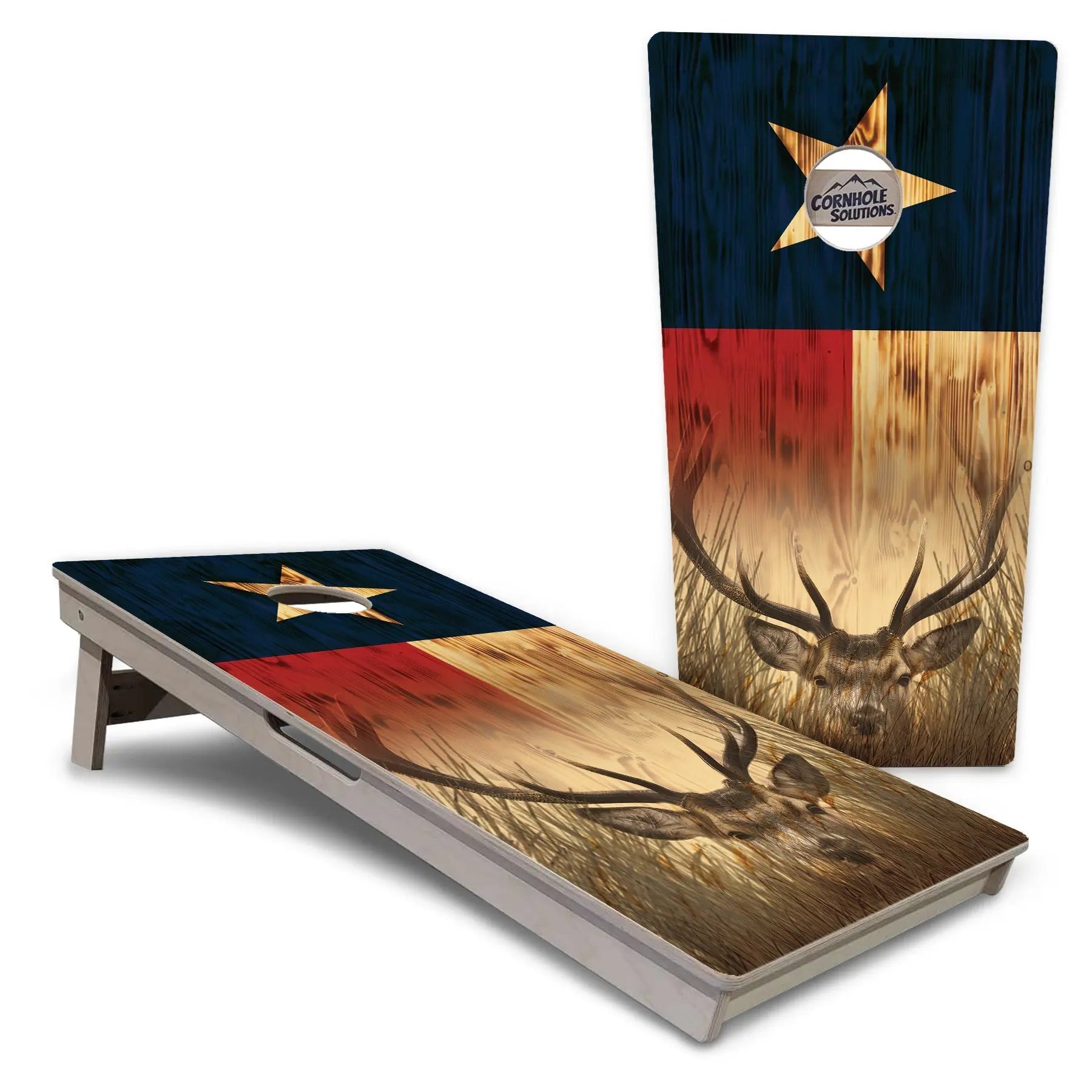 Texas Flag Deer & Fish Cornhole Boards - Professional Tournament Series by Cornhole Solutions, custom cornhole board main product photo