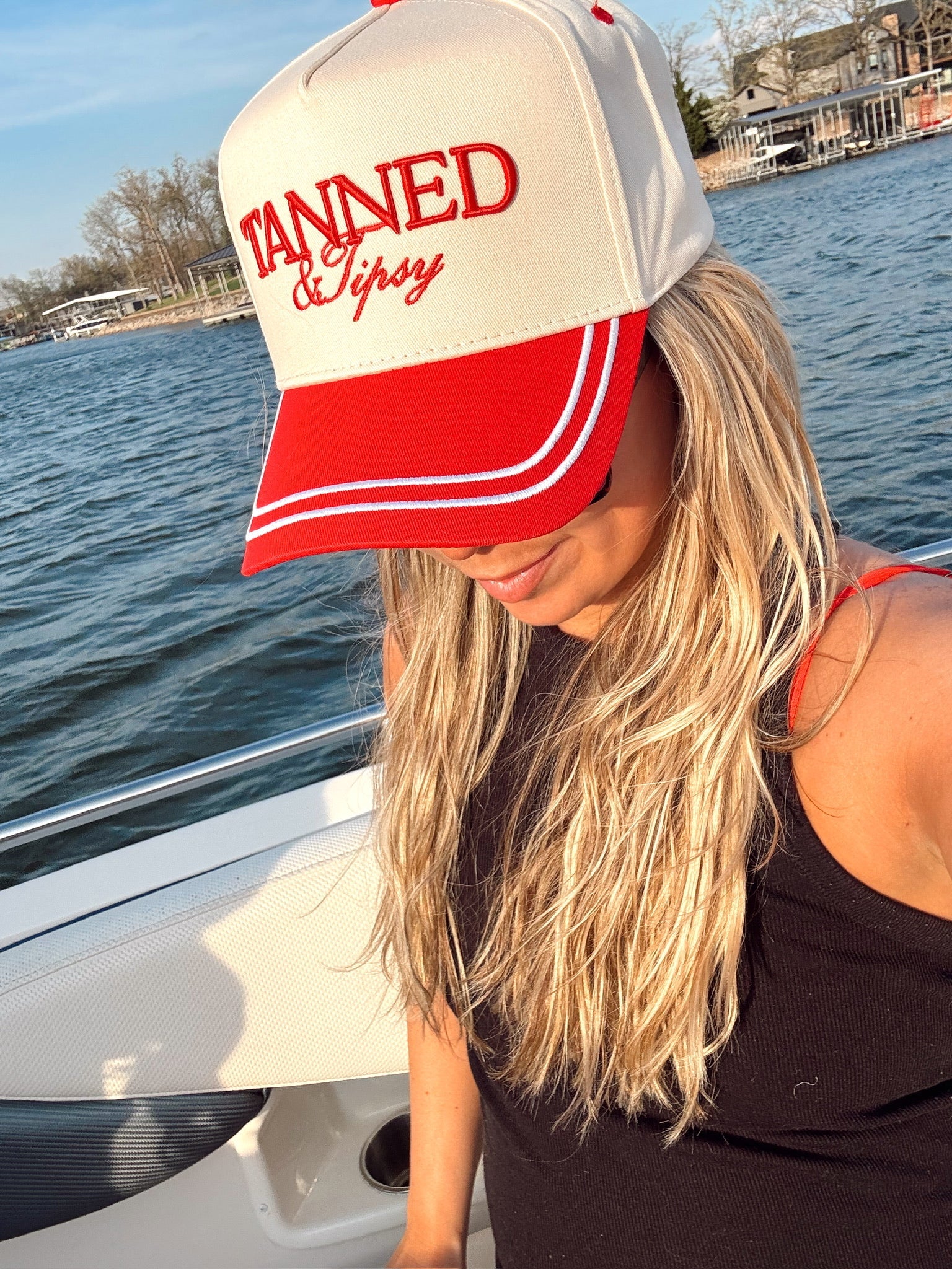 Tanned & Tipsy - Red Vintage Trucker Hat by KenzKustomz, Southern lifestyle apparel detail photo 7