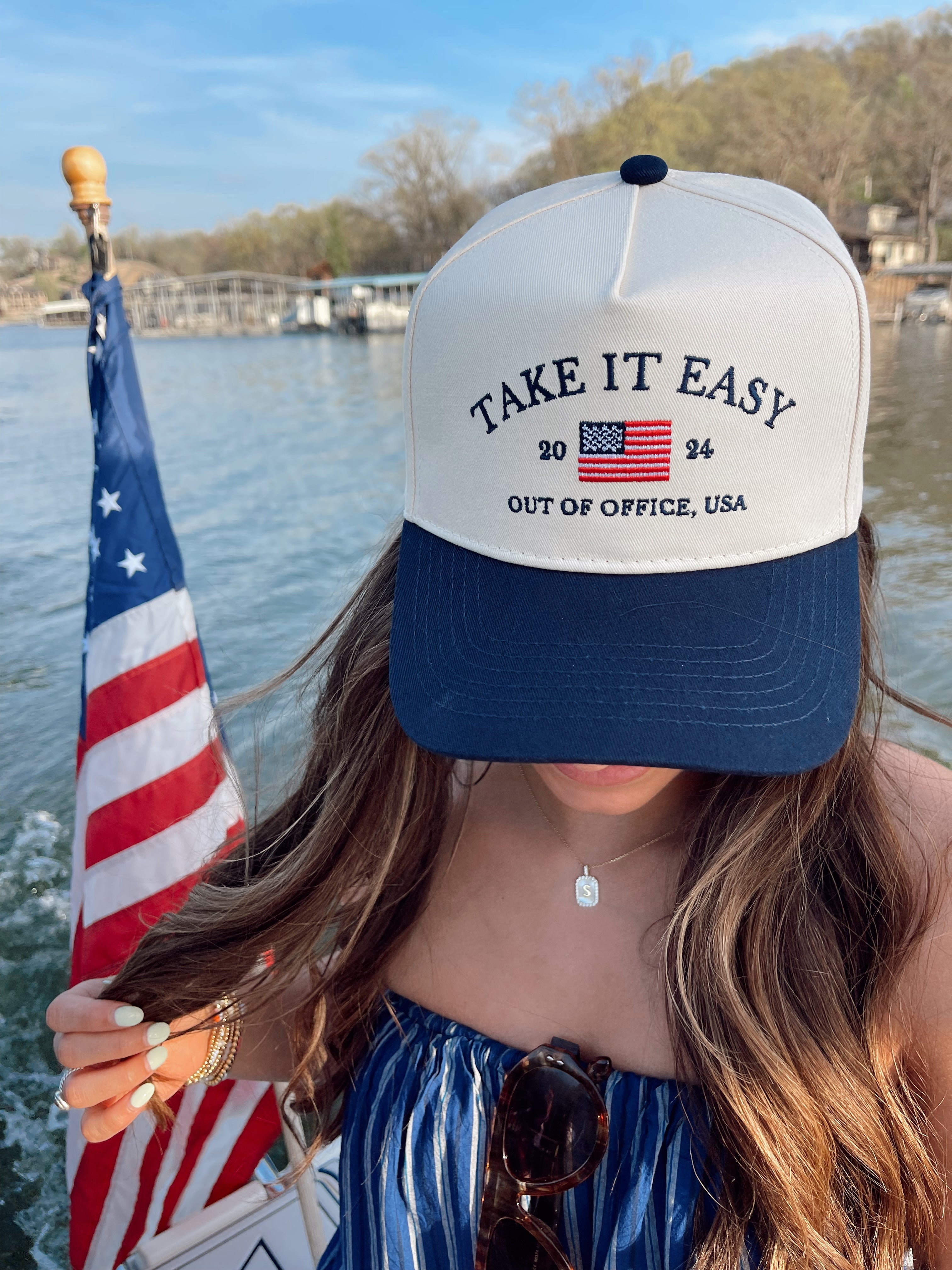 Take it Easy Navy Flag Vintage Trucker Hat by KenzKustomz, Southern lifestyle apparel detail photo 2