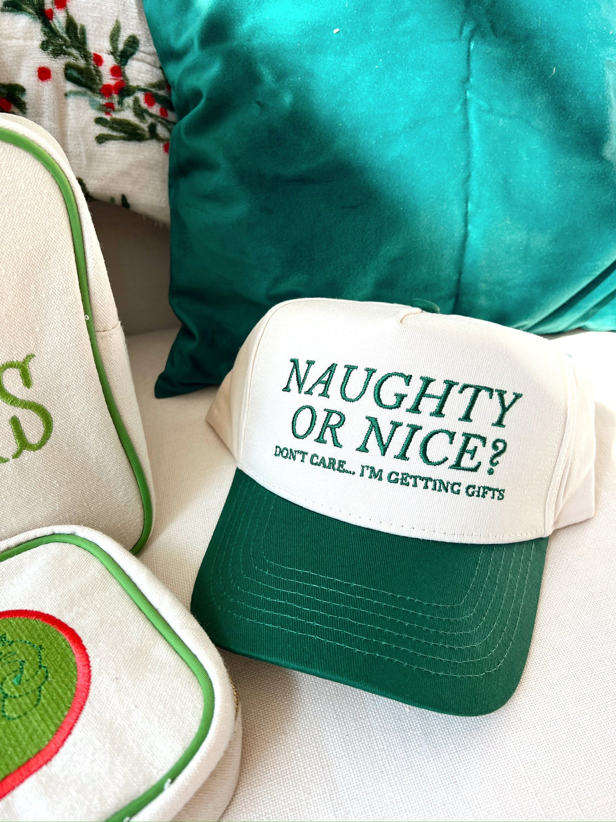 Naughty or Nice? Don't Care - Green Vintage Trucker Hat by KenzKustomz, view 3