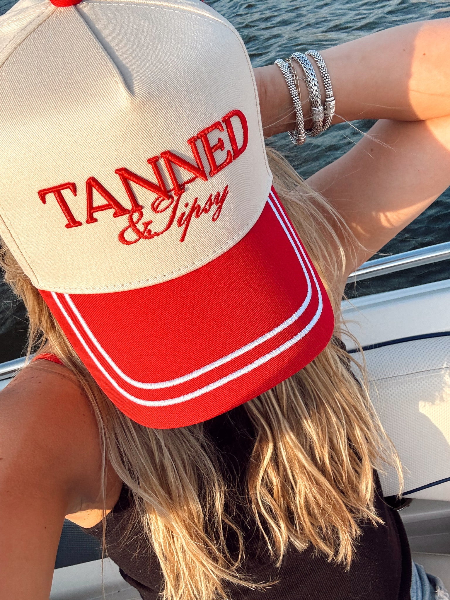 Tanned & Tipsy - Red Vintage Trucker Hat by KenzKustomz, Southern lifestyle apparel detail photo 2