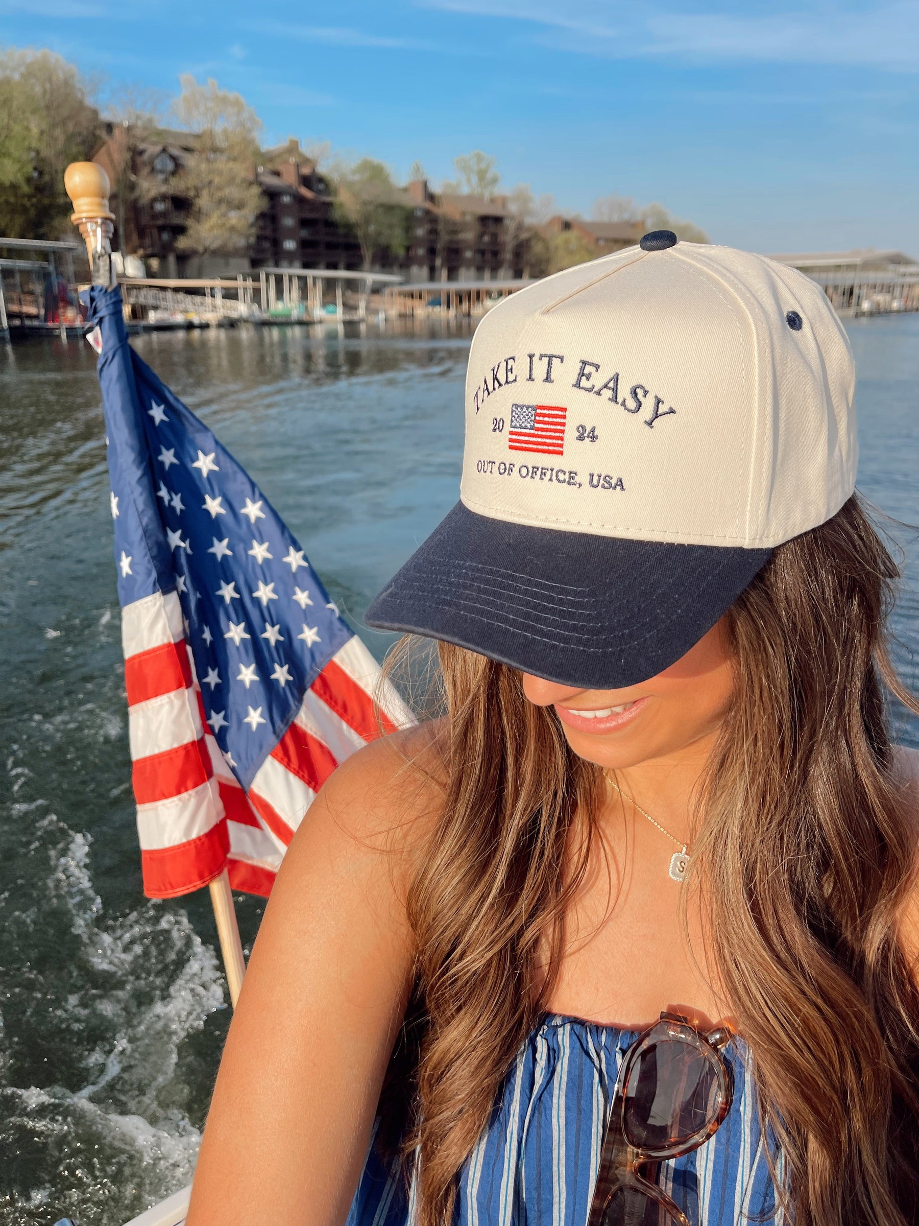 Take it Easy Navy Flag Vintage Trucker Hat by KenzKustomz, Southern lifestyle apparel detail photo 5