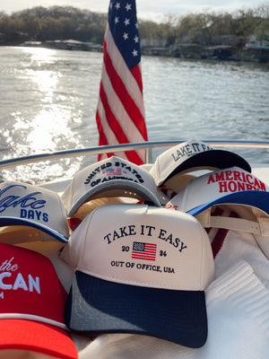 Take it Easy Navy Flag Vintage Trucker Hat by KenzKustomz, Southern lifestyle apparel detail photo 3