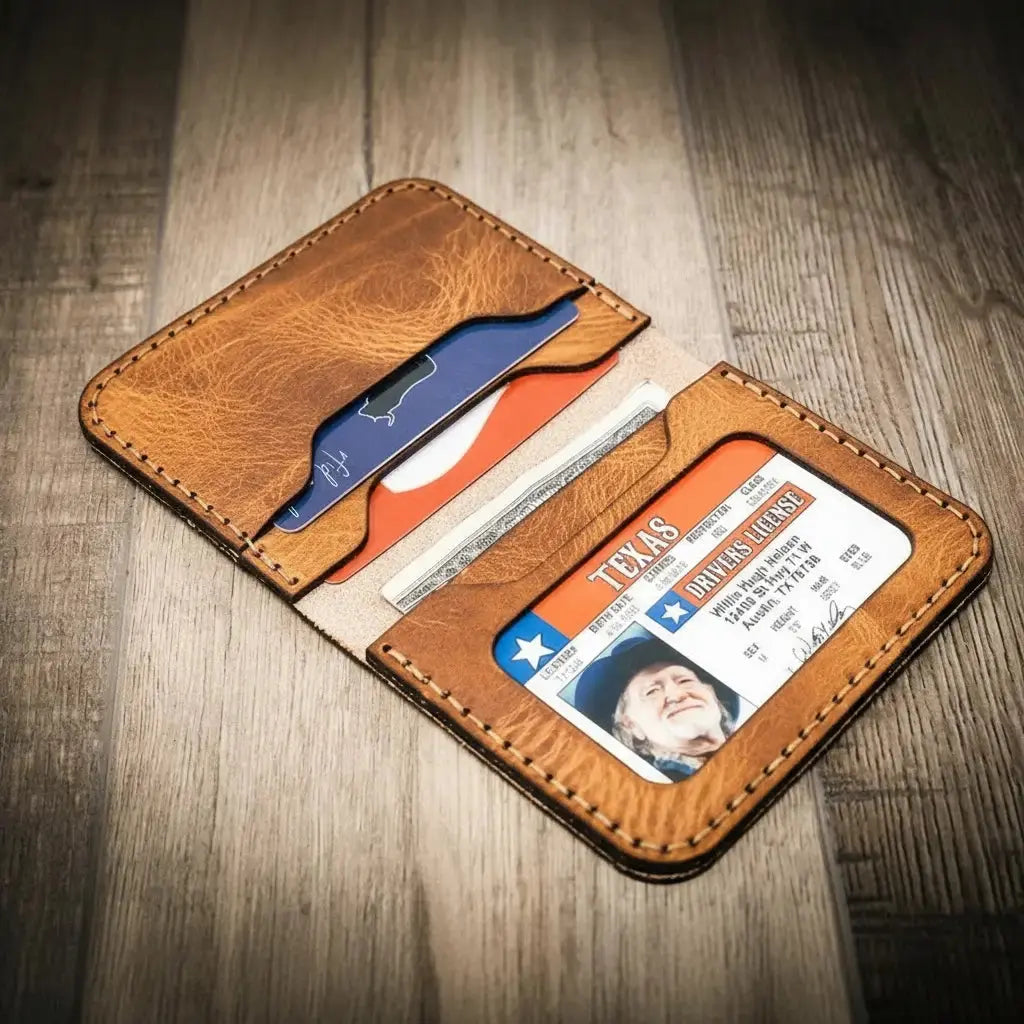 Brown leather bifold wallet holding Texas ID and multiple cards.