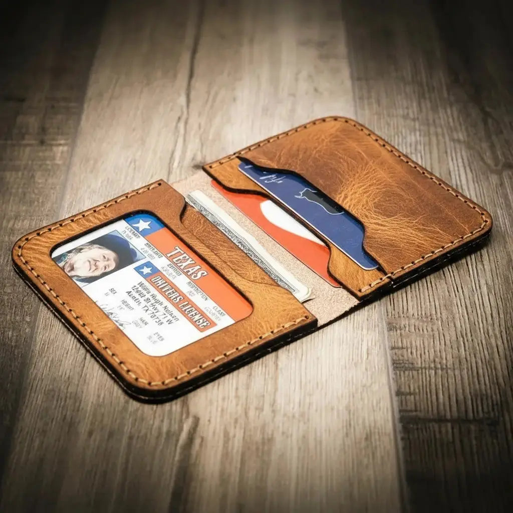 Brown leather bifold wallet with a Texas driver's license and cards.