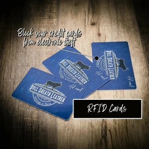 Blue RFID blocking cards from Bull Sheath Leather with text overlay "Block your credit cards from electronic theft".