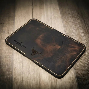 Black leather slim bifold wallet with ID slot and bull logo