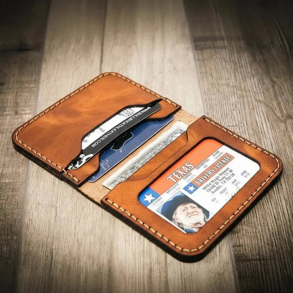 Brown leather wallet open to show Texas driver's license and credit cards.
