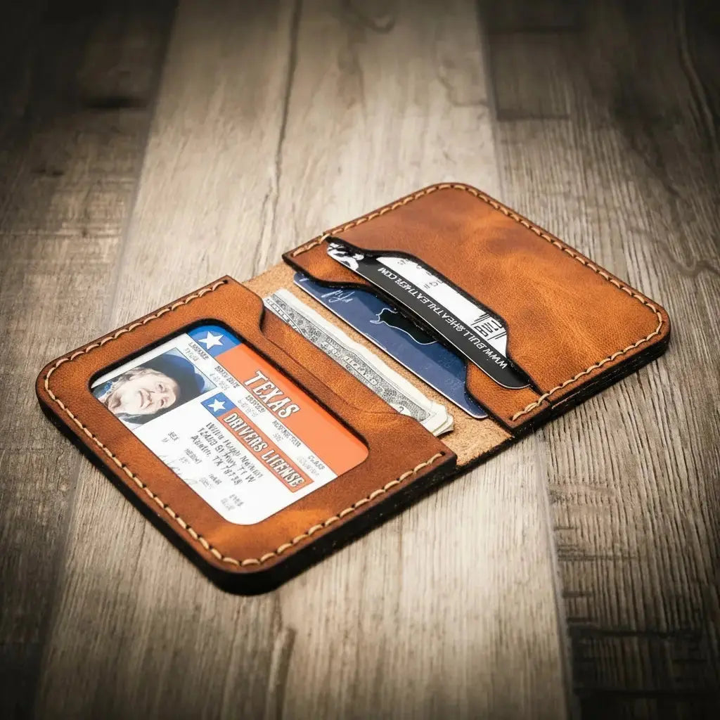 Brown leather bifold wallet with Texas driver's license and cards