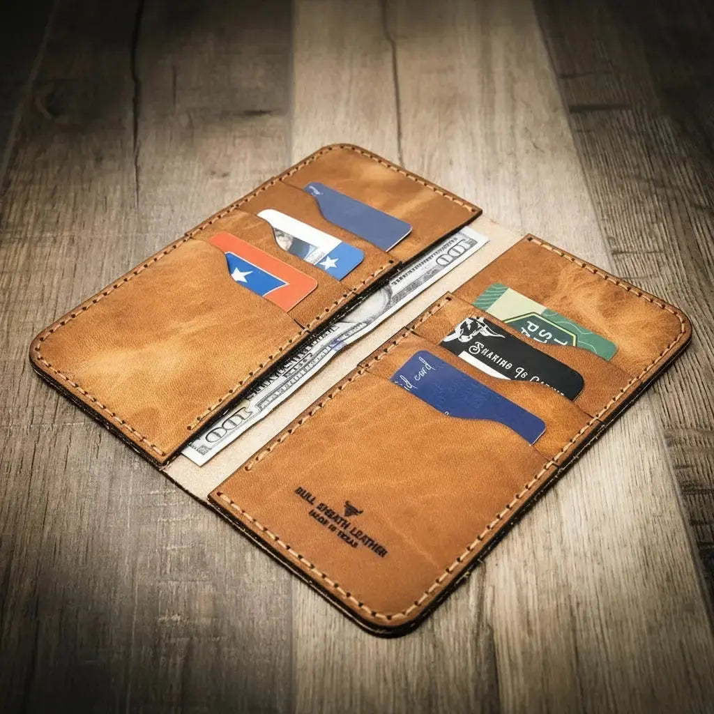 Brown leather long wallet open with cash and cards visible.