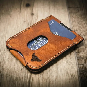 Close view of Keller Money Clip leather grain and stitching