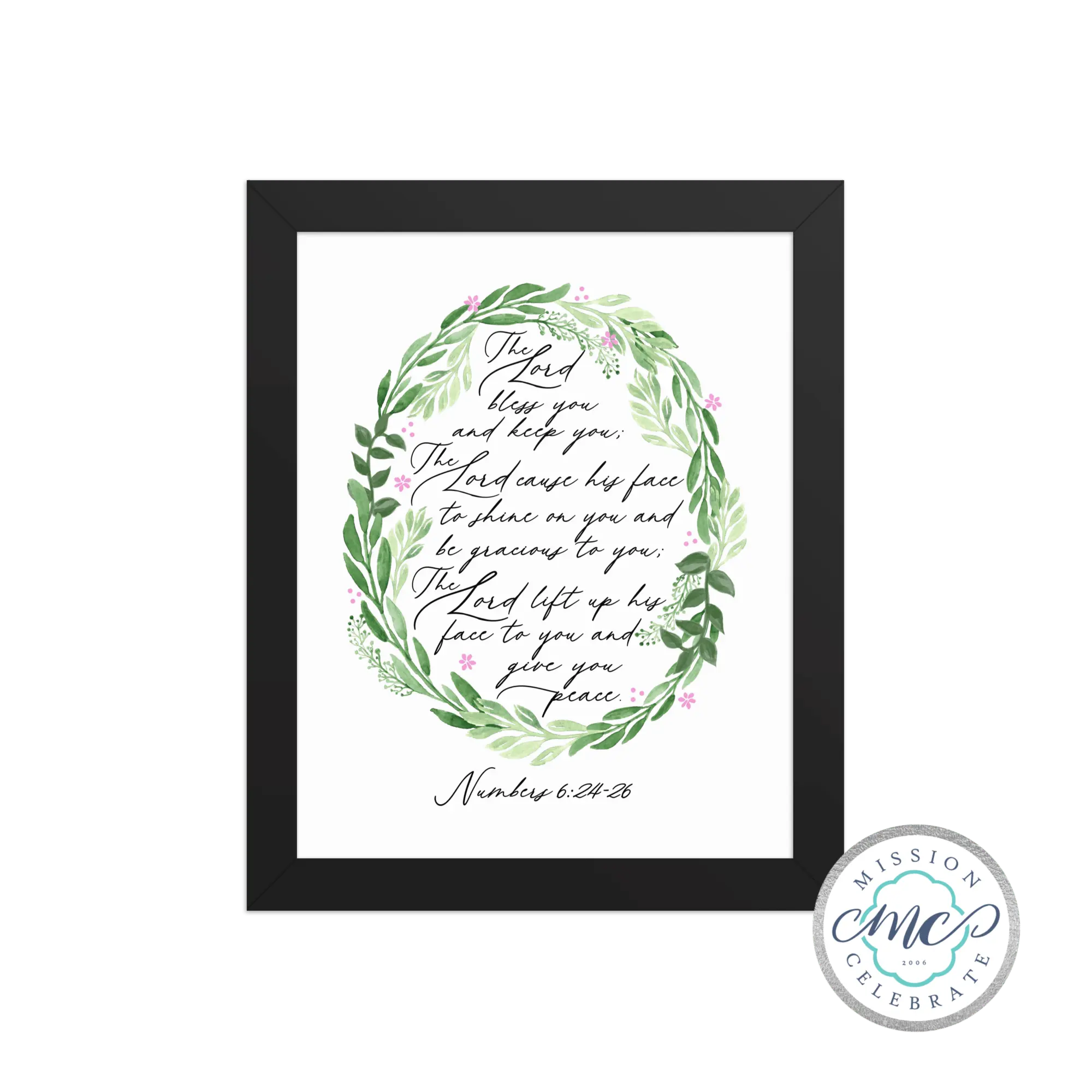 Framed art print: The Lord bless you & keep you - Numbers 6:24-26, floral wreath, Leslie Gonce art, Mississippi artist